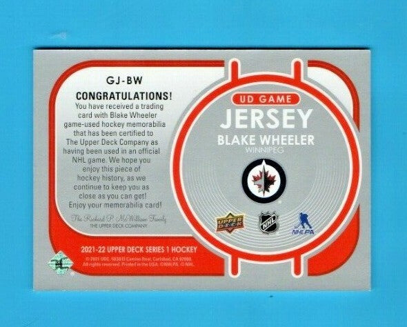 2021-22 Upper Deck Series 1 Blake Wheeler UD Game Jersey #GJ-BW  - Winnipeg Blue