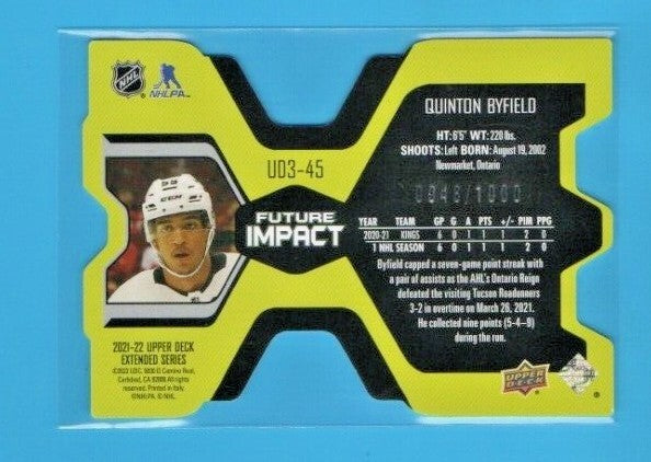 Quinton Byfield 2021-22 Upper Deck Extended UD3-45 Future Impact  RC #0048/1000