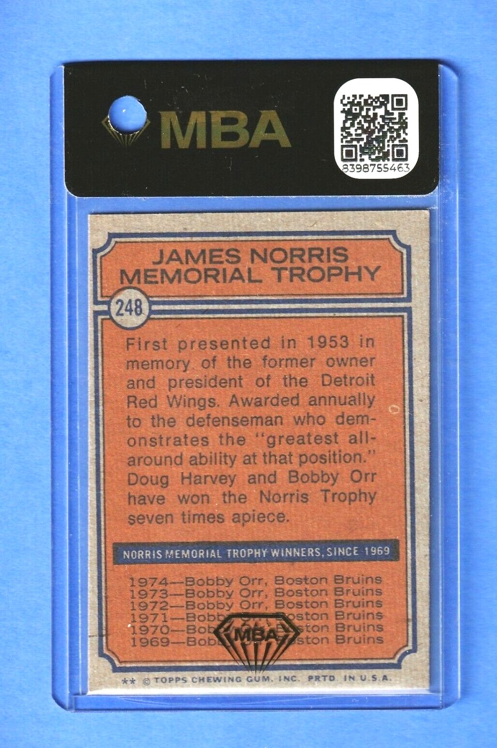 1974 Topps Hockey  -  Bobby Orr  -  NORRIS TROPHY #248   -  MBA AUTHENTIC