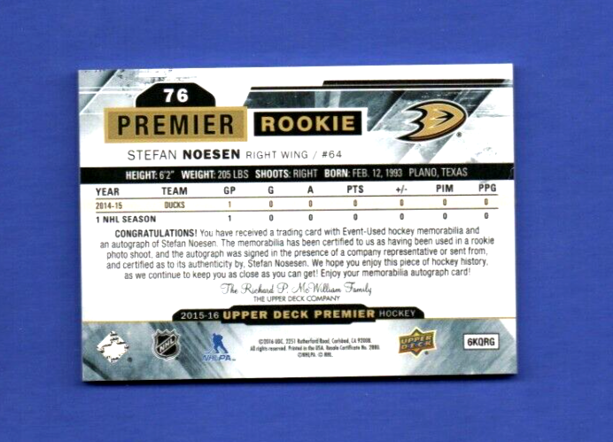 2015-16 UD Premier Stefan Noesen RPA RC Rookie Patch AUTO 014/375 UD RC #76