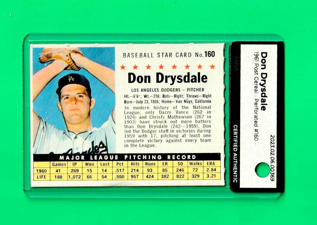 1961 Post Cereal  -  Don Drysdale #160    Los Angeles Dodgers  -   MBA AUTHENTIC
