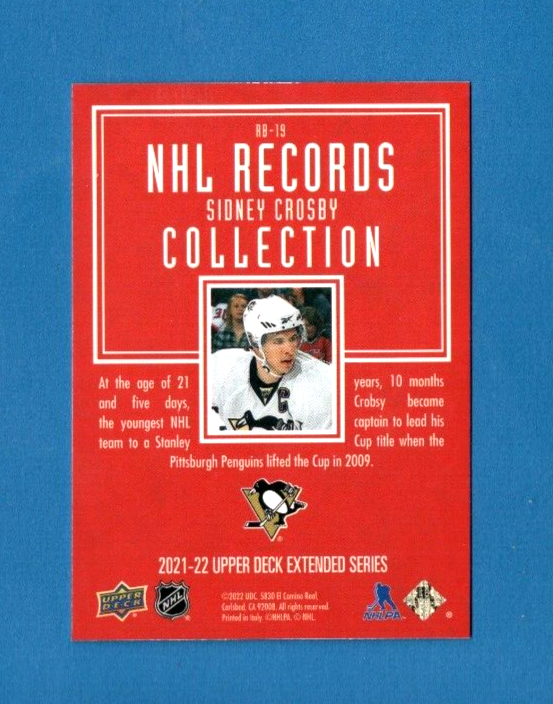 2021-22  Upper Deck  Extended Series NHL RECORDS SP  - RB-19 Sidney Crosby
