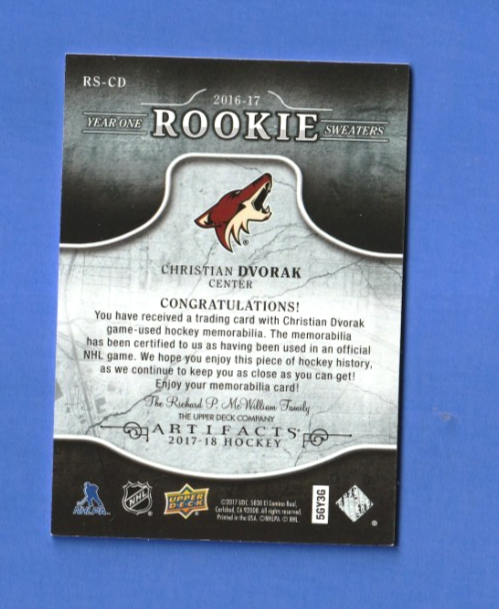 Christian Dvorak 2017-18 UD Artifacts Year One Rookie Sweaters Game Used RS-CD