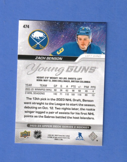 2023-24 UD Hockey Series 2. Zach Benson Young Guns Silver Outburst #474  Sabres