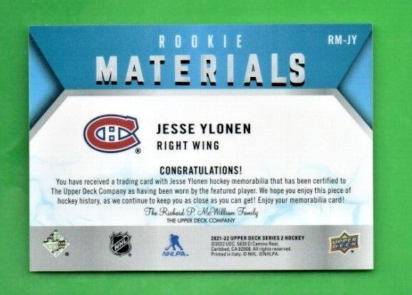 Jesse Ylonen 2021-22 UD Series 2 Rookie Materials RED  Jersey  -  RM-JY