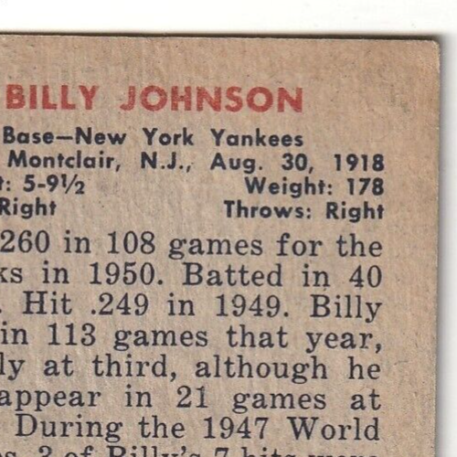 1951 Bowman  -  Billy Johnson   -  New York Yankees  #74   VG-VG+