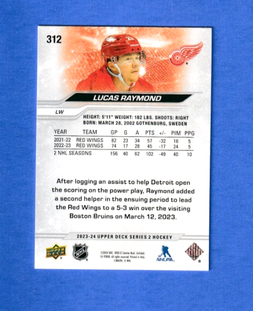 2023-24 Upper Deck Series 2 EXCLUSIVES 007/100  LUCAS RAYMOND  Detroit Red Wings