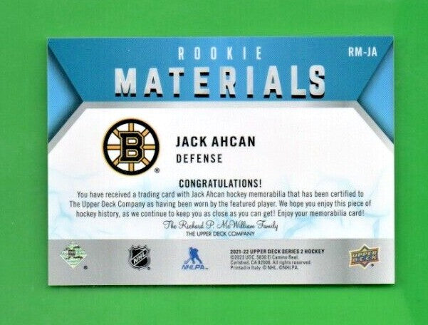 Upper Deck 2021-22Jake Ahcan Rookie Jersey Materials BLACK Boston Bruins RM -JA