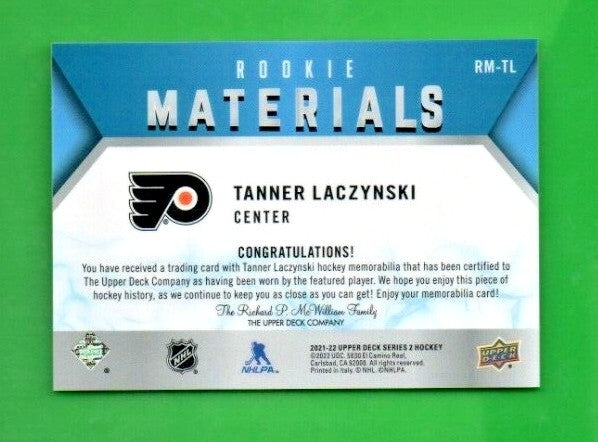 2021-22 Tanner Laczynski Upper Deck Series 2 Rookie Materials White # RM-TL