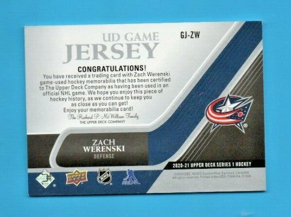 Zach Werenski 2020-21 Upper Deck Series 1 UD Game Jersey GJ-ZW - Blue Jackets 