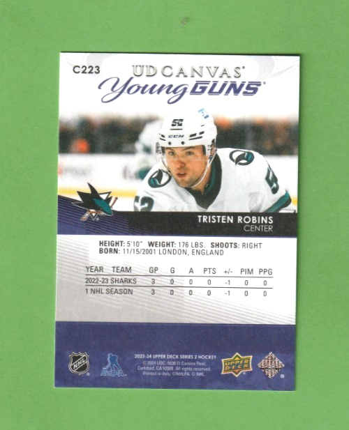 2023-24 Upper Deck Young Guns Canvas #C223 - Tristen Robins RC - SAN JOSE SHARKS