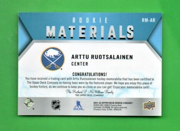 Artuu Ruotsalainen 2021-22 UD Series 2 Rookie Materials BLACK Jersey  -  RM-AR