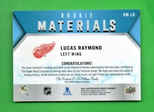 2021-22 Upper Deck Series 2 Lucas Raymond Rookie Materials RED #RM-LR Detroit