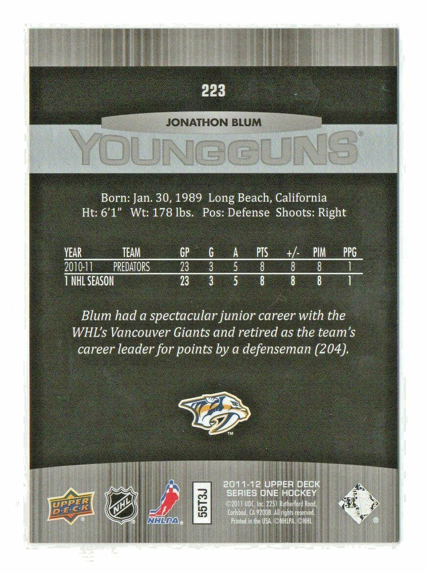 2011-12 Upper Deck Young Guns #223 - Jonathon Blum - RC #3 - Nashville Predators