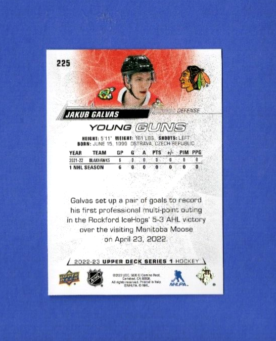 2022-23 Upper Deck Series 1 Hockey Young Guns #225 Jakub Galvas  -  Blackhawks