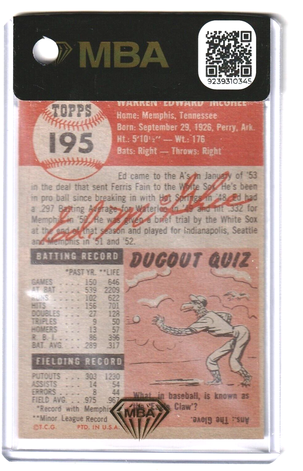 1953 Topps  -   Ed McGhee  #195   -    MBA AUTHENTIC   -  Philadelphia Athletics