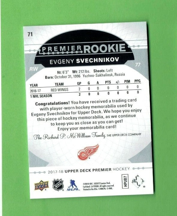2017/18 UD PREMIER ROOKIE JERSEY EVGENY SVECHNIKOV Detroit Red Wings