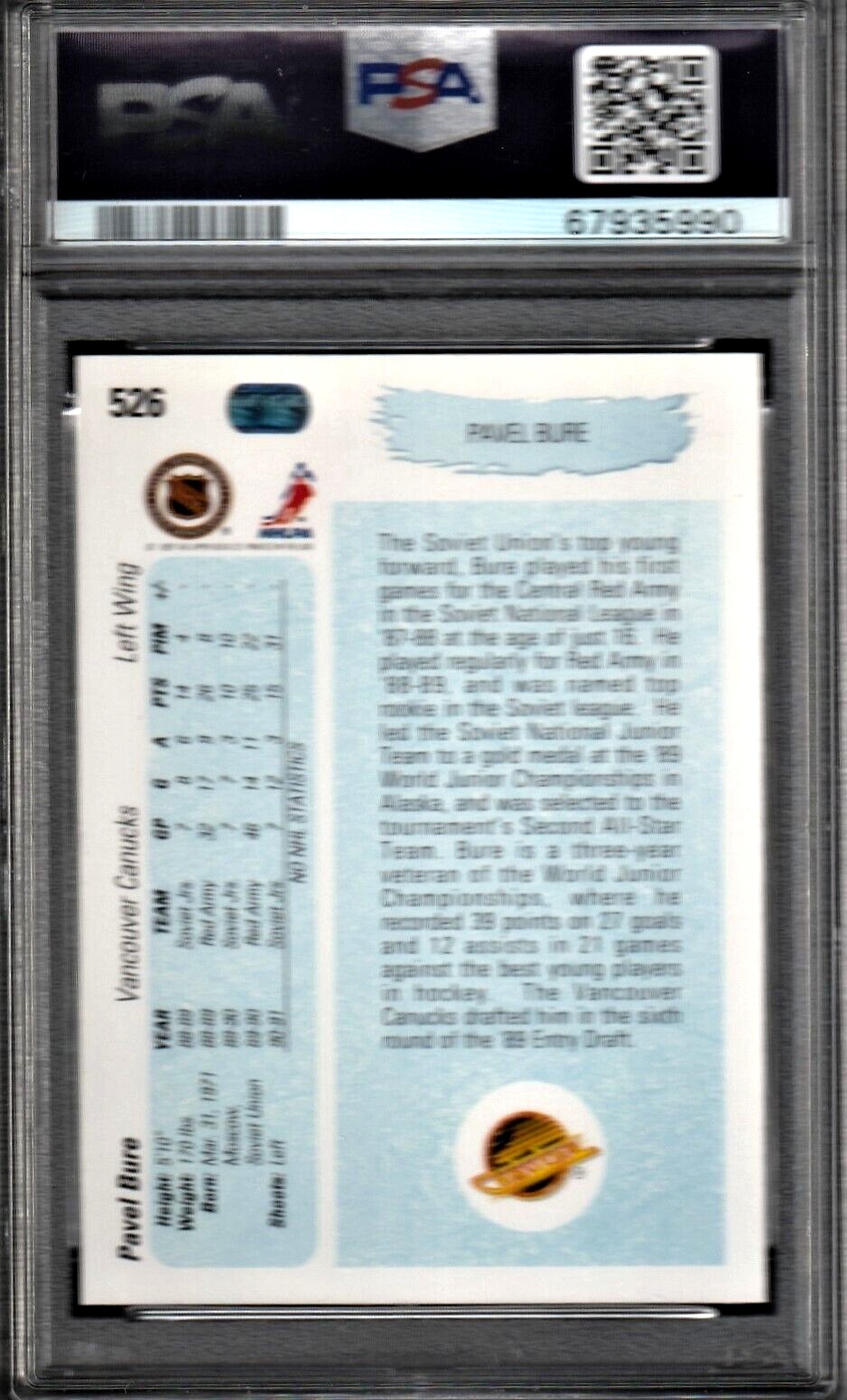 1990 Upper Deck Hockey  -  Pavel Bure  -  ROOKIE  #526   -   PSA 7 NRMT