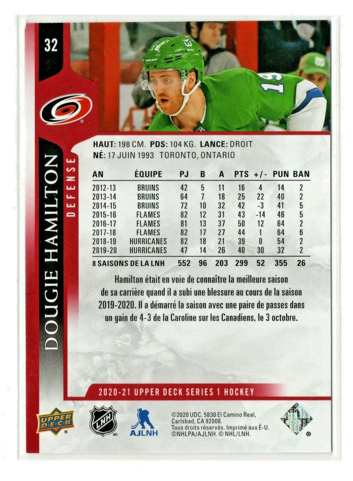 2020-21 UPPER DECK EXCLUSIVES FRENCH # 32 DOUGIE HAMILTON 063/100 Hurricanes