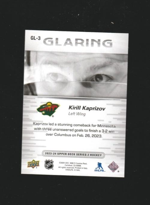 2023-24 UD Series 2 KIRILL KAPRIZOV Glaring #GL-3 -Minnesota Wild   014/100  SSP