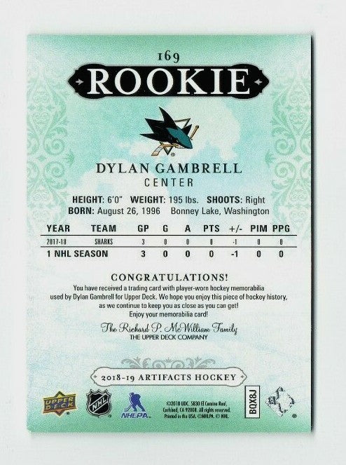 DYLAN GAMBRELL - 2018/19 UPPERDECK ARTIFACTS DUAL ROOKIE JERSEY CARD 361/499