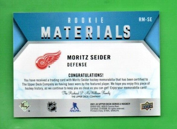 Moritz Seider 2021-22 Upper Deck Rookie RED  Materials #RM-SE Detroit Red Wings 