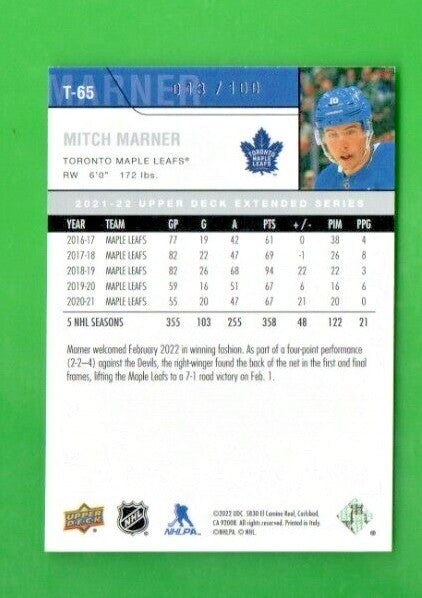 Mitch Marner 2021-22 Upper Deck Extended T-65 Leafs 013/100
