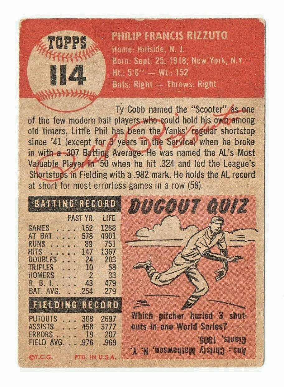 1953 Topps #114 PHIL RIZZUTO  --  G-VG  --  New York Yankees  -  HOF - Shortstop