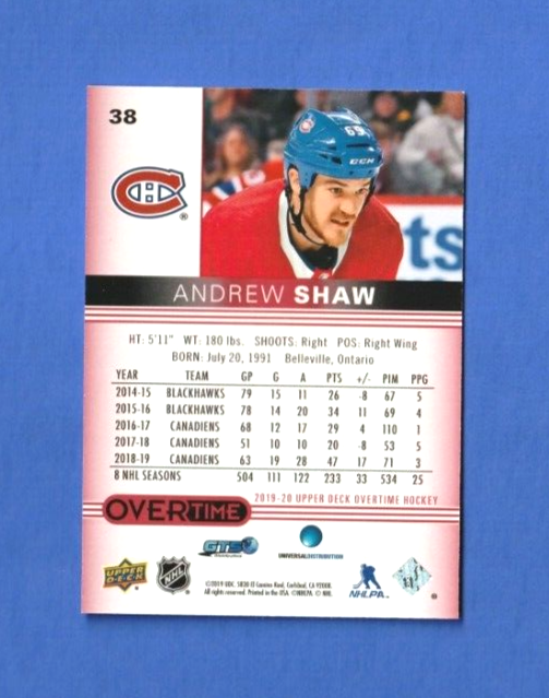 2019-20 Upper Deck Overtime Wave 1 Red Foil 78/99 #38 - Andrew Shaw  -  Montreal