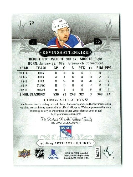2018-19 Artifacts Kevin Shattenkirk Serial #052/165 Materials Silver #52 Rangers
