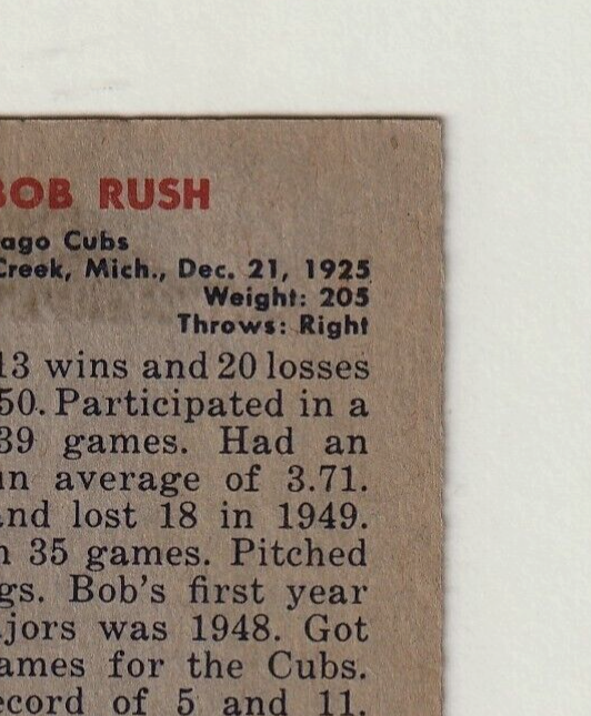 1951 Bowman #212:   -  BOB RUSH     "Chicago Cubs" ~  VG-EX