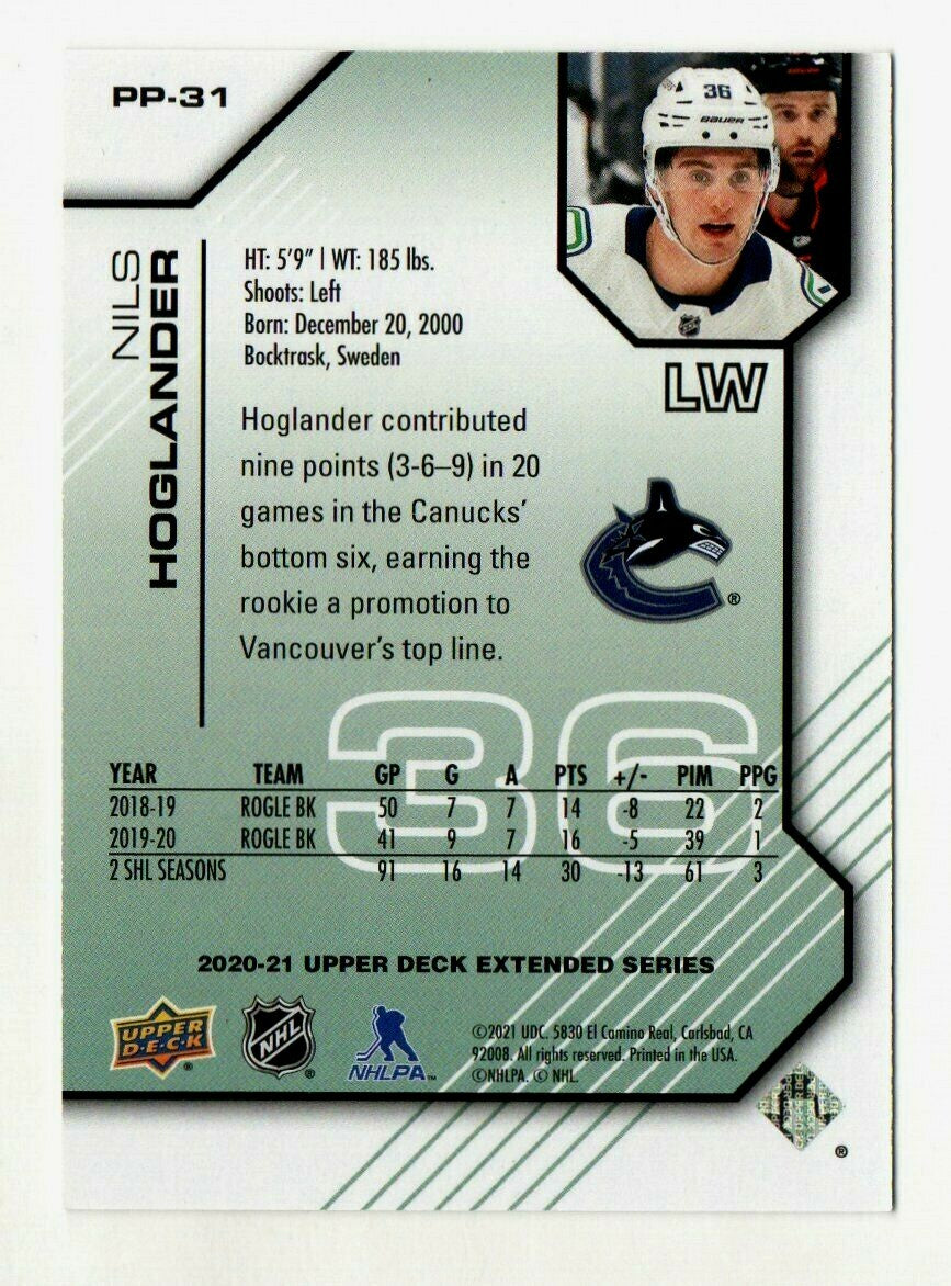 2020-21 UD Extended Pros and Prospects  PP-31 Nils Hoglander - Canucks 0918/1000
