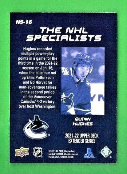 Quinn Hughes 2021-22 Upper Deck Extended NHL Specialists SP Card (1:576 packs) 