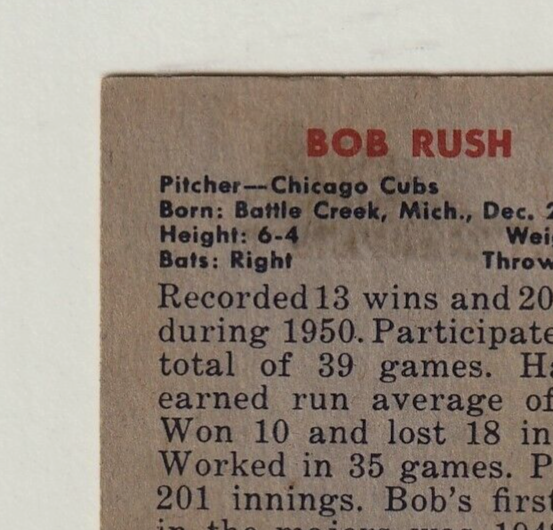 1951 Bowman #212:   -  BOB RUSH     "Chicago Cubs" ~  VG-EX