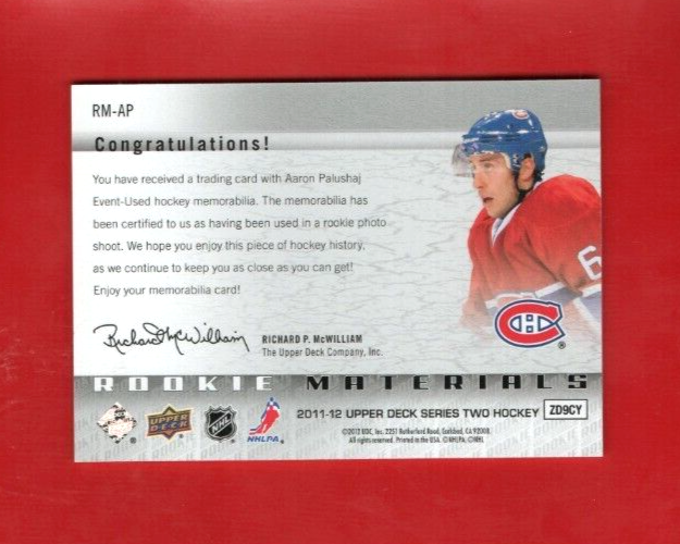 2011/12 Upper Deck Series II RM-AP Aaron Palushaj Rookie Materials RED Canadiens