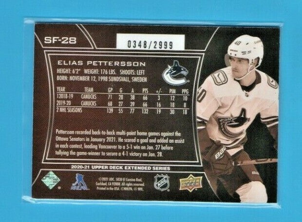 2020-21 Upper Deck Extended Elias Pettersson Canucks SPx Finite SF-28  0348/2999