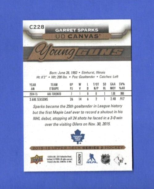 GARRET SPARKS 15/16 Upper Deck UD Young Guns Rookie #C228 Canvas SP  Maple Leafs