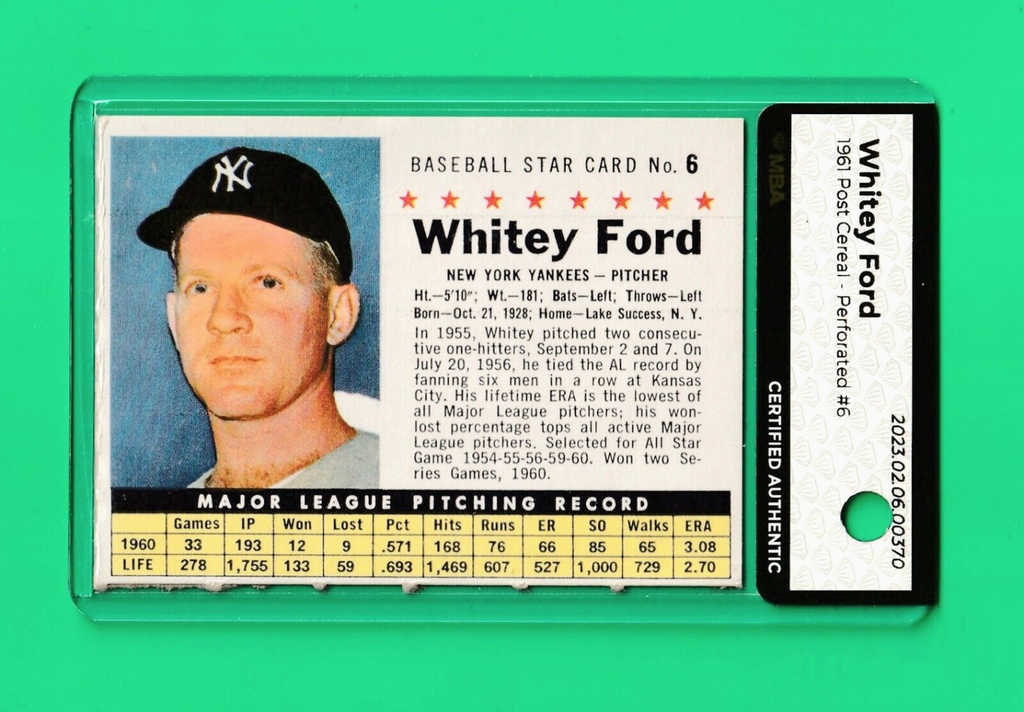 1961 Post Cereal  -    Whitey Ford #6  -   New York Yankees    -   MBA AUTHENTIC