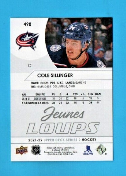  Cole Sillinger 2021-22 Upper Deck Series 2  French Young Guns JEUNES LOUPS #498