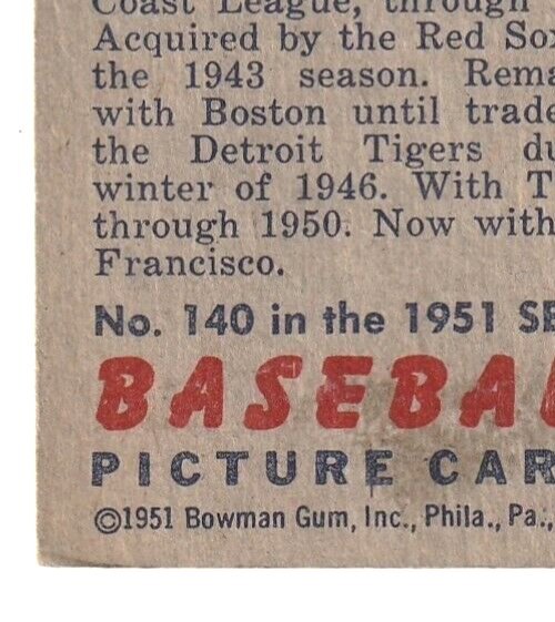 1951 Bowman  -  Eddy Lake   -  Detroit Tigers #140   G-VG.