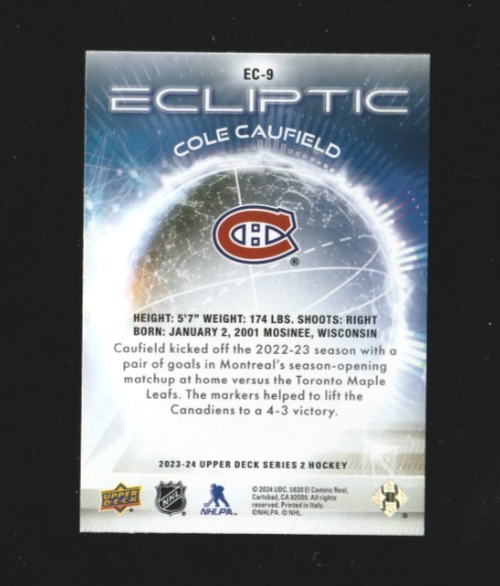 2023-24 Upper Deck Series 2   COLE CAUFIELD Ecliptic Blue SPARKLE Canadians EC-9