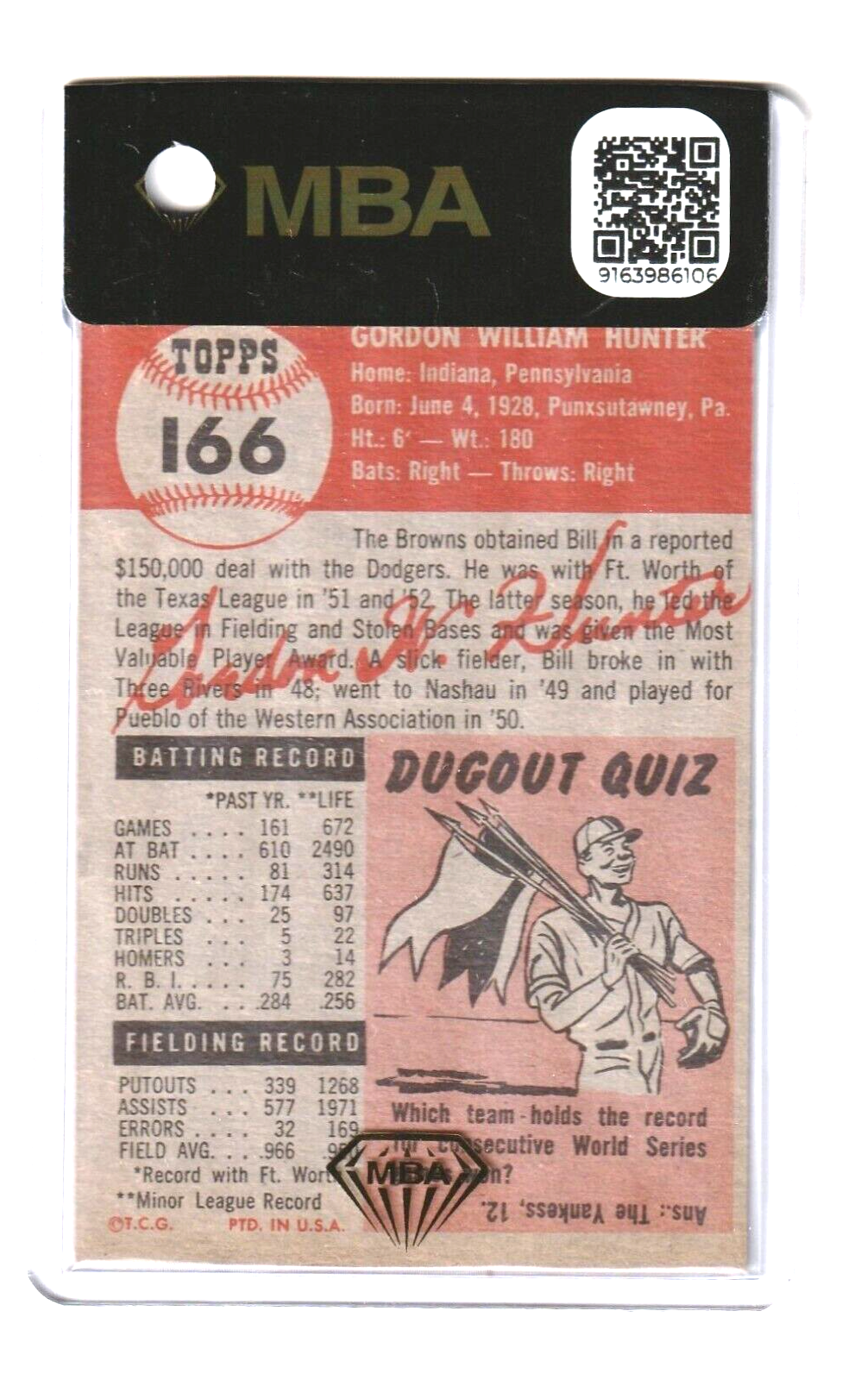 1953 Topps   -   Bill Hunter  #166   -    MBA AUTHENTIC    -    St. Louis Browns