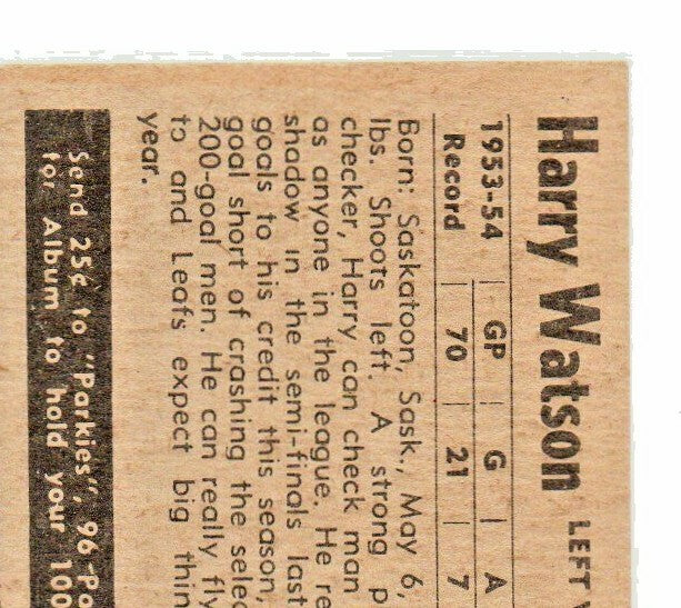 1954-55 PARKHURST HARRY WATSON #17 TORONTO MAPLE LEAFS BIO BACK 