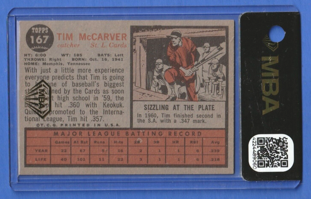 1962 Topps  -  Tim McCarver   #167   -  St. Louis Cardinals   -    MBA AUTHENTIC