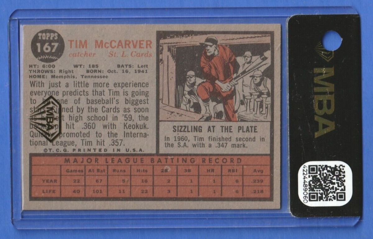 1962 Topps  -  Tim McCarver   #167   -  St. Louis Cardinals   -    MBA AUTHENTIC