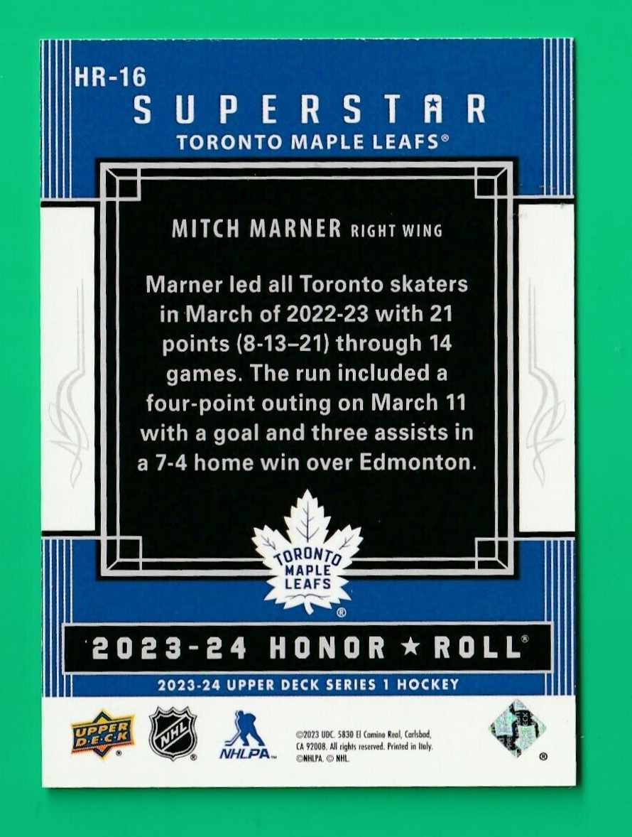 2023-24 Upper Deck Series 1 Honor Roll Silver Rainbow /250 Mitch Marner #HR-16