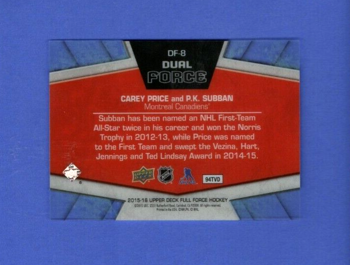 2015-16 UD Full Force Dual Force #DF-8 Carey Price P.K. Subban 595/649 Canadiens