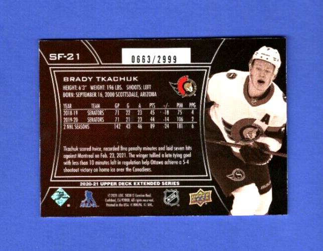 2020-21 Upper Deck Extended Series SPX Finite SF-21 Brady Tkachuk 0663/2999 Sens