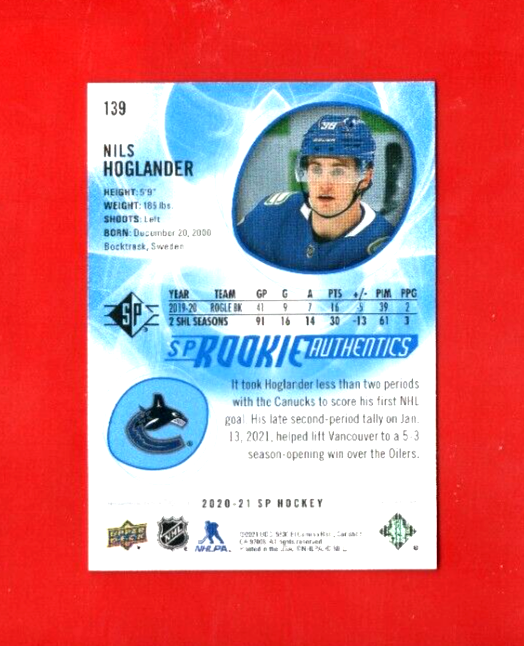 2020-21 SP Hockey Rookie Authentics Blue Nils Hoglander #139 - Vancouver Canucks