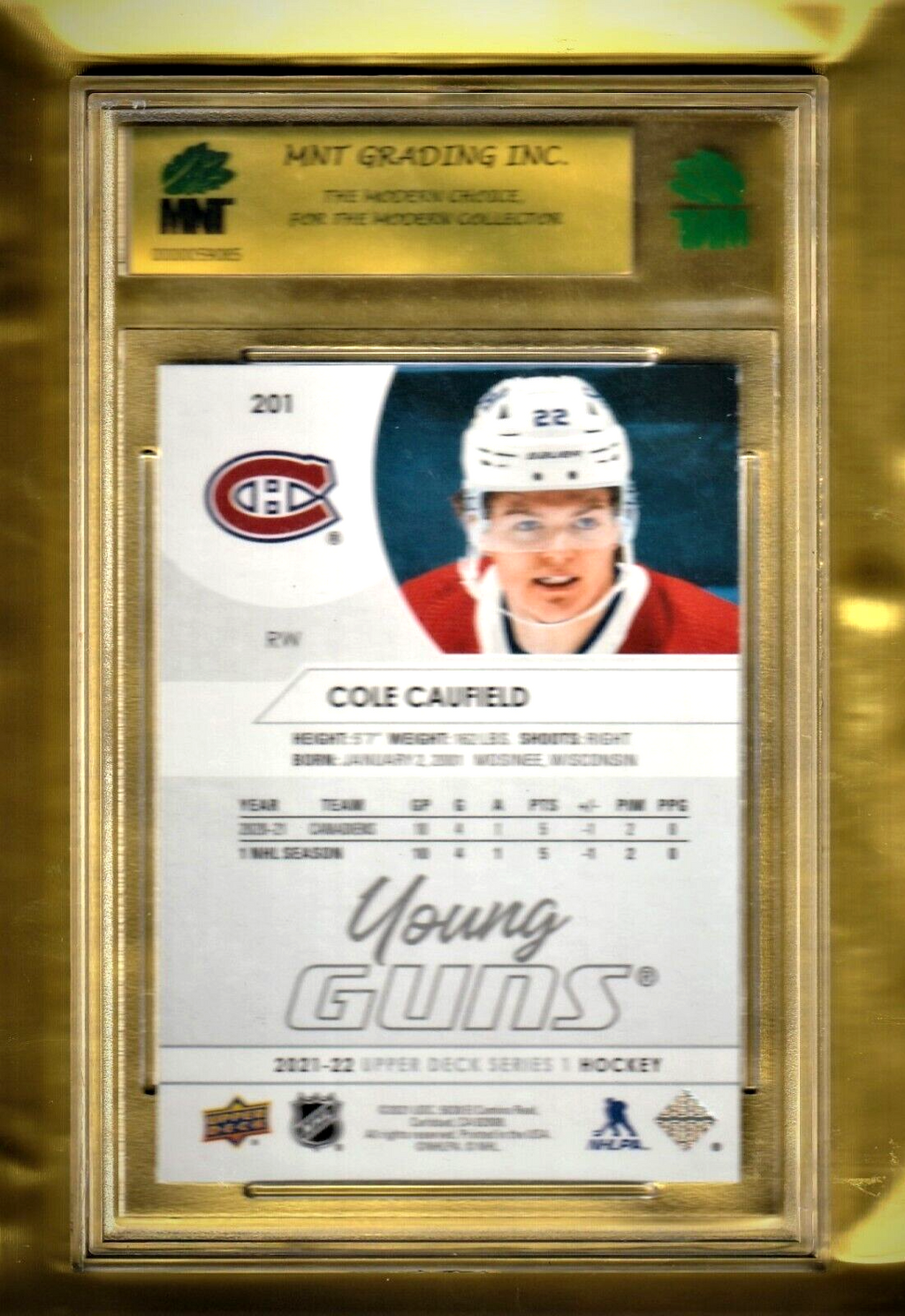 2021 Upper Deck Young Guns - Cole Caufield  -  Montreal  ROOKIE #201  - MINT 9.0